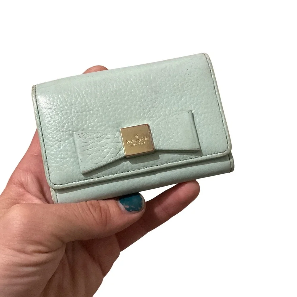 Kate Spade Mint Green Pebbled Leather Bow Card Holder Wallet PWRU4240